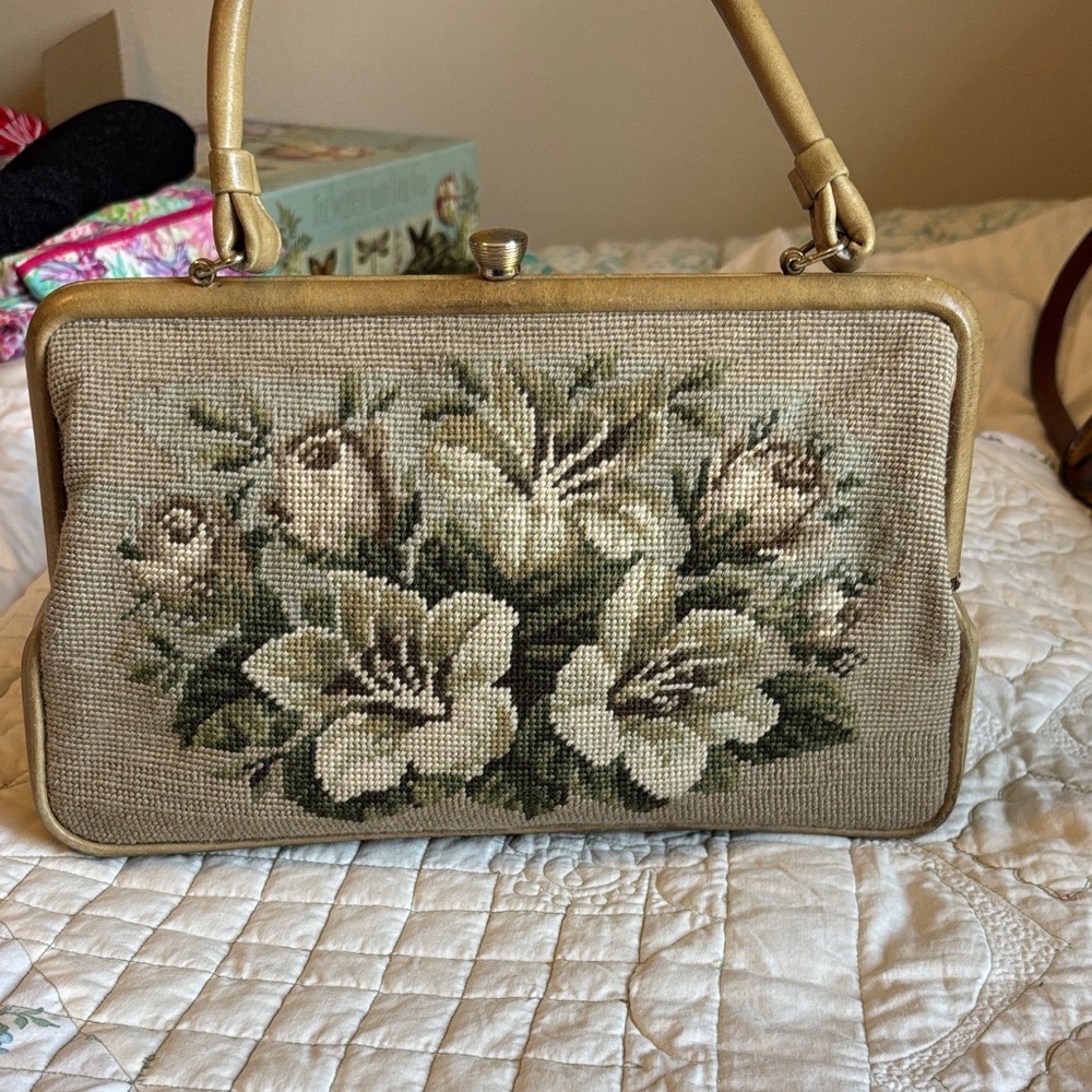 Vintage Floral Needlepoint Lilies Taupe Handbag